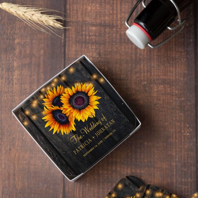 Rustic sunflowers barn wood lights wedding favour glass coaster (Creator Uploaded)