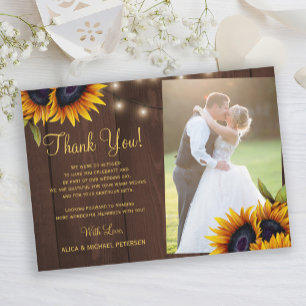 Rustic sunflowers barn wood photo wedding thank you card