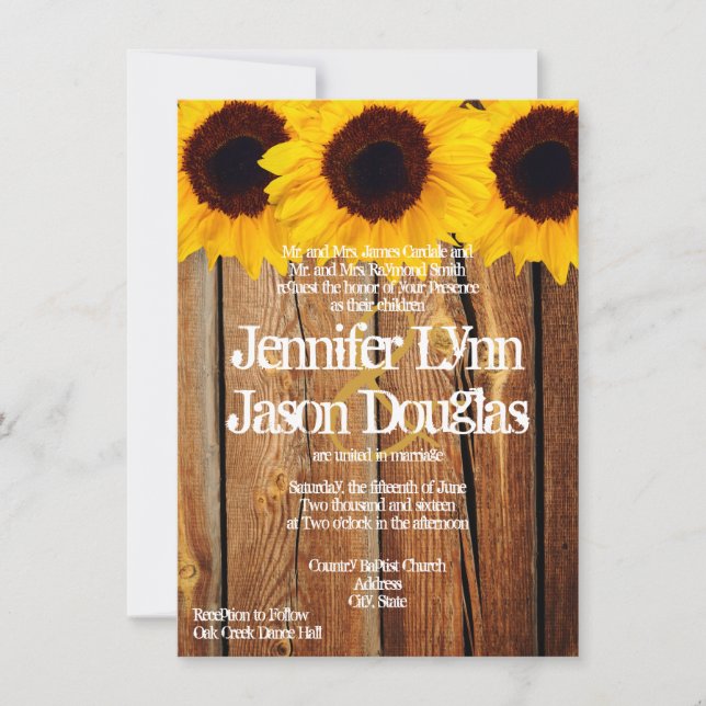 Rustic Sunflowers Barn Wood Wedding Invitations (Front)