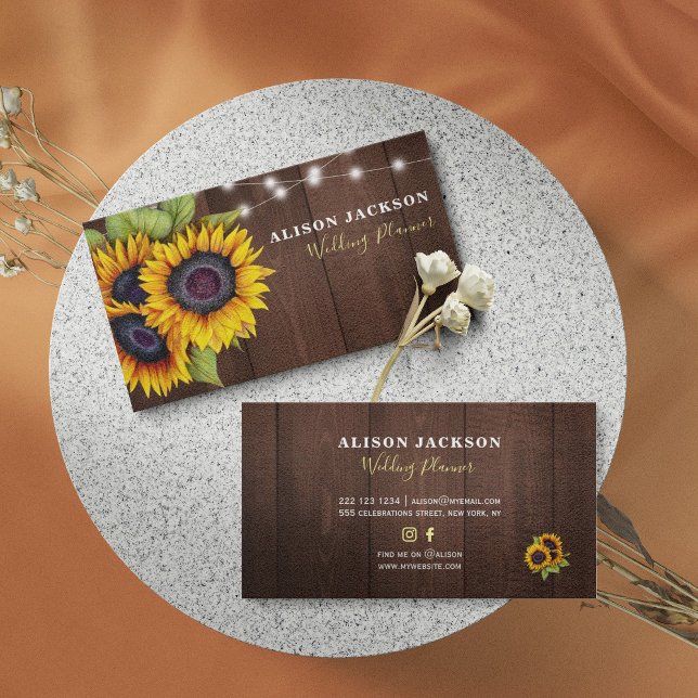 Rustic sunflowers barn wood wedding planner business card (Creator Uploaded)