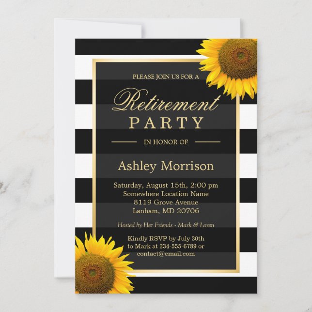 Rustic Sunflowers Black Stripes Retirement Party Invitation (Front)