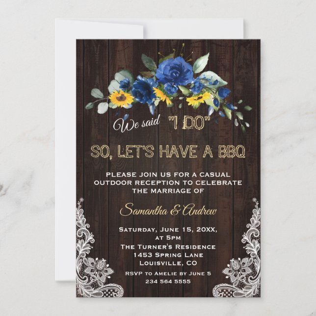 Rustic Sunflowers Blue Flowers Lace I DO BBQ Invitation (Front)