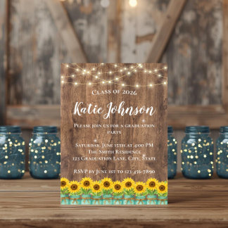 Rustic Sunflowers & Blue Mason Jar Graduation Invitation