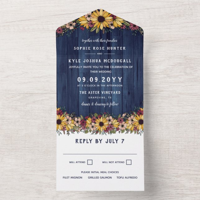 Rustic Sunflowers Blue Wood Grain Wedding All In One Invitation (Inside)