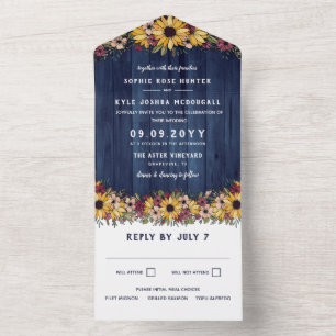 Rustic Sunflowers Blue Wood Grain Wedding All In One Invitation