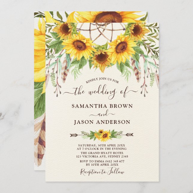 Rustic Sunflowers Boho Dreamctacher Wedding Invitation (Front/Back)