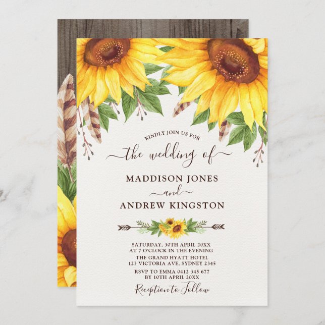Rustic Sunflowers Boho Watercolor Wedding Invitation (Front/Back)