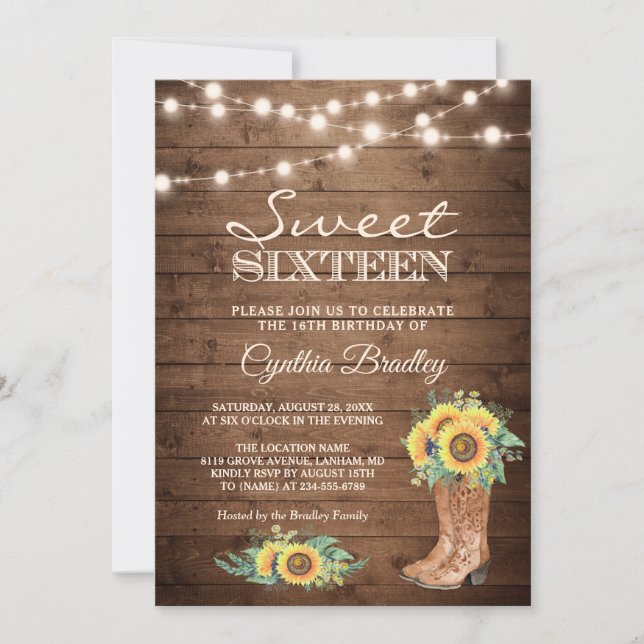 Rustic Sunflowers Boots Cowgirl Sweet Sixteen 16 Invitation (Front)