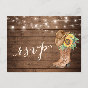 Rustic Sunflowers Boots String Lights RSVP Invitation Postcard