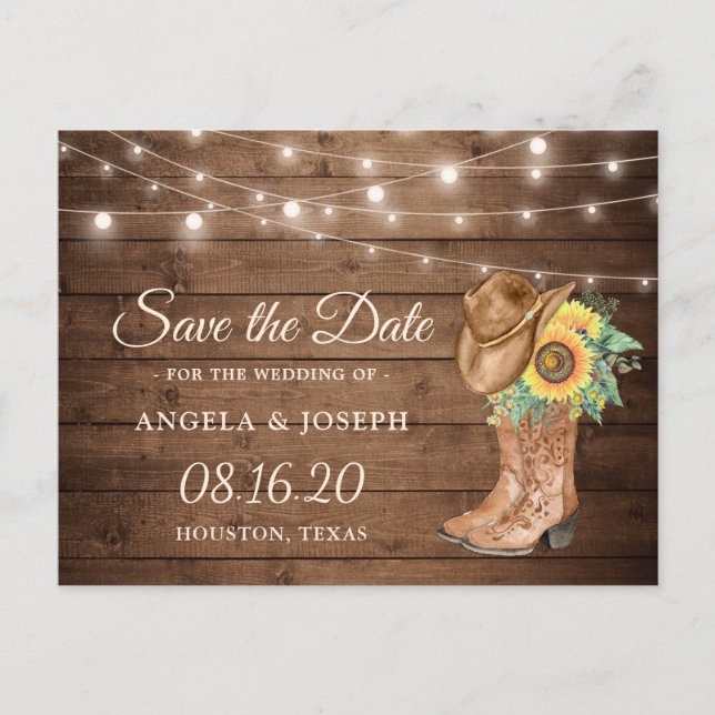 Rustic Sunflowers Boots Western Save the Date Announcement Postcard (Front)