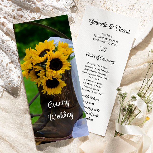 Rustic Sunflowers Boots Western Wedding Program Programme (Creator Uploaded)