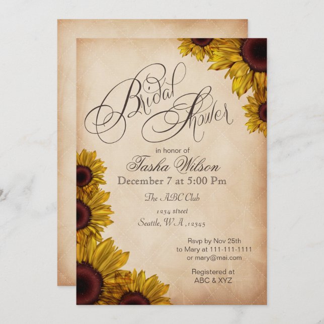 Rustic Sunflowers Bridal Shower Invitations (Front/Back)