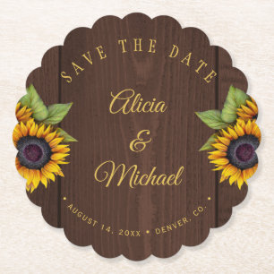 Rustic sunflowers brown wood wedding save date paper coaster