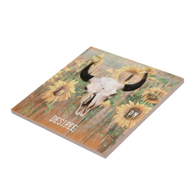 Rustic Sunflowers Bull Cow Skull Western Tile (Side)