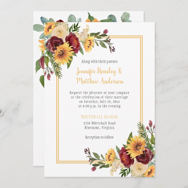 Rustic Sunflowers & Burgundy Peonies Roses Wedding Invitation (Front/Back)