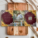 Rustic Sunflowers Burgundy Wood QR Code Wedding Tri-Fold Invitation<br><div class="desc">Amaze your guests with this elegant all in one wedding invite featuring beautiful sunflowers and modern typography with online RSVP card. Simply add your event details on this easy-to-use template and adorn this card with your favourite photos to make it a one-of-a-kind invitation.</div>