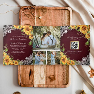 Rustic Sunflowers Burgundy Wood QR Code Wedding Tri-Fold Invitation