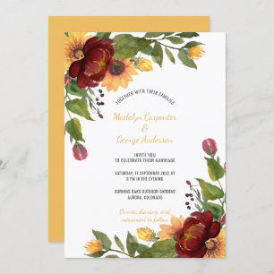 Rustic Sunflowers Burgundy & Yellow Floral Wedding Invitation