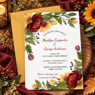 Rustic Sunflowers Burgundy & Yellow Floral Wedding Invitation