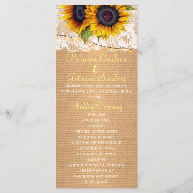 Rustic sunflowers burlap and lace wedding program programme (Front)