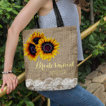 Rustic sunflowers burlap lace wedding bridesmaid tote bag<br><div class="desc">Rustic elegant summer or autumn fall wedding stylish bridesmaid / maid of honour / flower girl tote bag on beige faux burlap featuring beautiful yellow gold sunflowers bouquets and white lace borders on both faces. Easy to personalise with bridesmaid's name on the front and with bride's and groom's names and...</div>