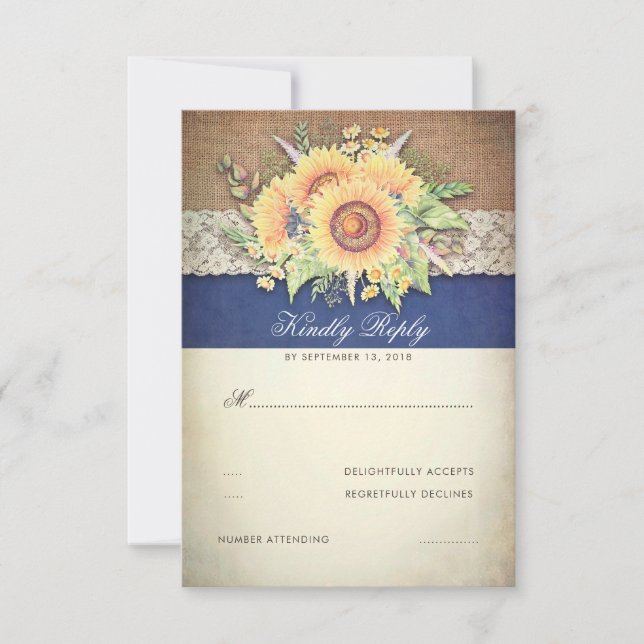 Rustic Sunflowers Burlap Navy Wedding RSVP (Front)