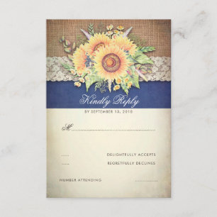 Rustic Sunflowers Burlap Navy Wedding RSVP Card