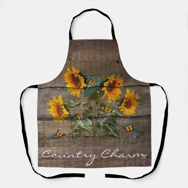 Rustic Sunflowers Butterflies Barn Board Apron (Front)