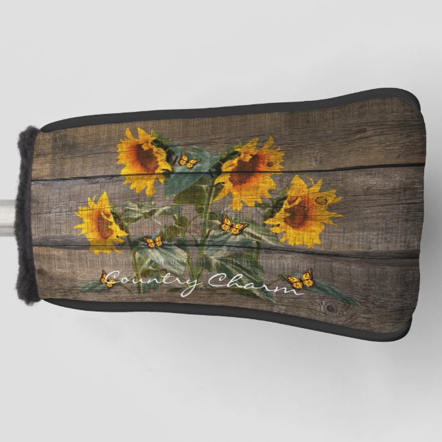 Rustic Sunflowers Butterflies Barn Board Golf Head Cover (Front)