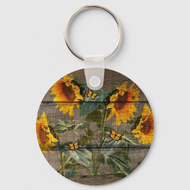 Rustic Sunflowers Butterflies Barn Board Key Ring (Front)