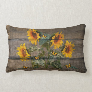Rustic Sunflowers Butterflies Barn Board Lumbar Cushion