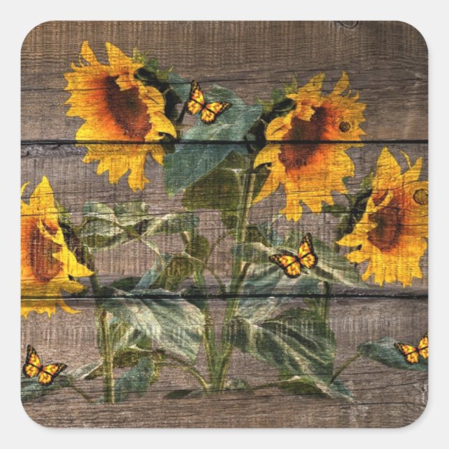 Rustic Sunflowers Butterflies Barn Board Square Sticker (Front)