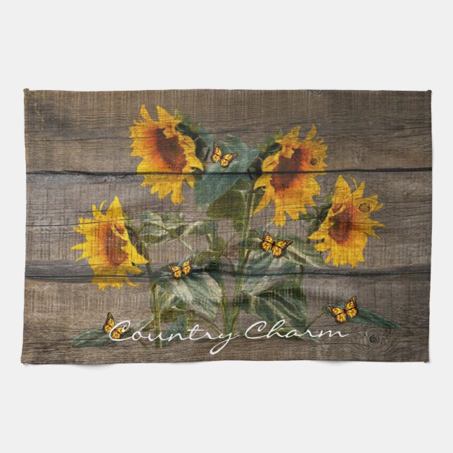 Rustic Sunflowers Butterflies Barn Board Tea Towel (Horizontal)