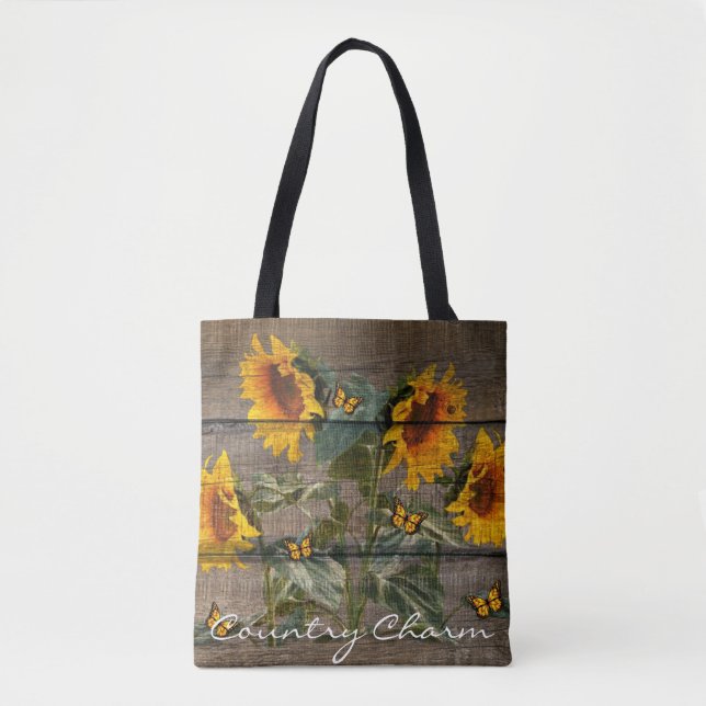 Rustic Sunflowers Butterflies Barn Board Tote Bag (Front)