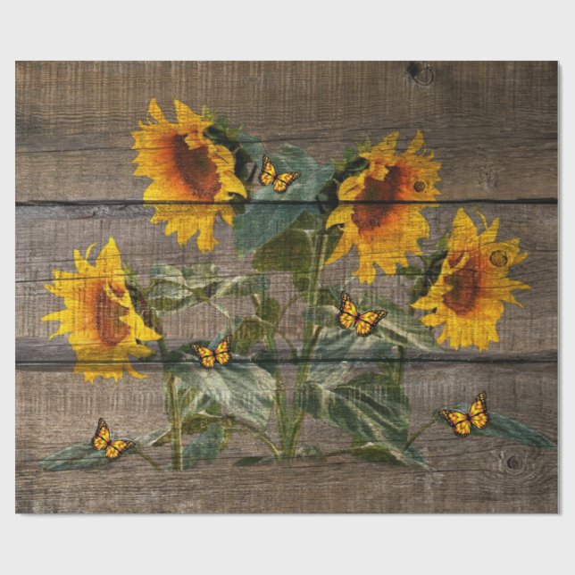 Rustic Sunflowers Butterflies Barn Board Wrapping Paper (Flat)