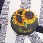 Rustic sunflowers chalkboard bridesmaid 6 cm round badge<br><div class="desc">Floral rustic bridesmaid weeding button featuring a sunflowers bouquet on a dark grey chalkboard background.             You can personalise it with your text!</div>