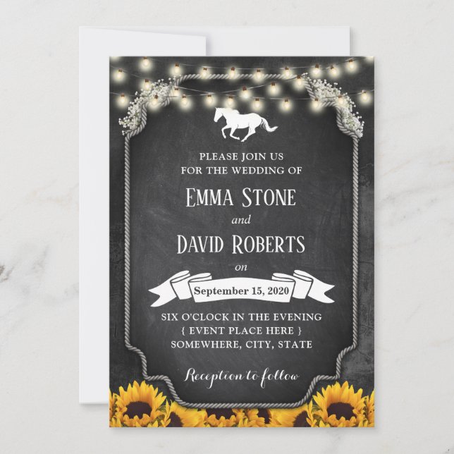 Rustic Sunflowers Chalkboard Horse Wedding Invitation (Front)