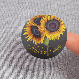 Rustic sunflowers chalkboard maid of honour 6 cm round badge