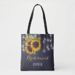 Rustic sunflowers chalkboard wedding bridesmaid tote bag<br><div class="desc">Rustic elegant fall wedding stylish bridesmaid / maid of honour / flower girl tote bag on dark midnight navy blue chalkboard featuring beautiful yellow gold sunflowers bouquets and strings of twinkle lights. Personalise it with bridesmaid's name on front and with bride's and groom's names and wedding date on the back....</div>