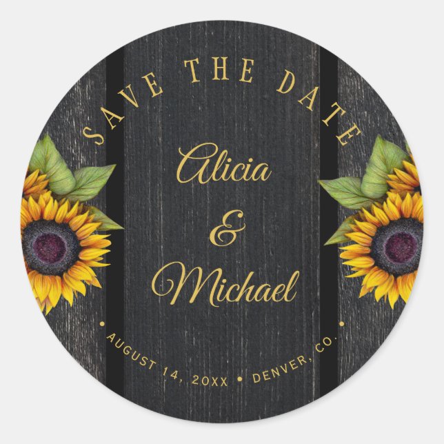 Rustic sunflowers chic barn wood wedding save date classic round sticker (Front)