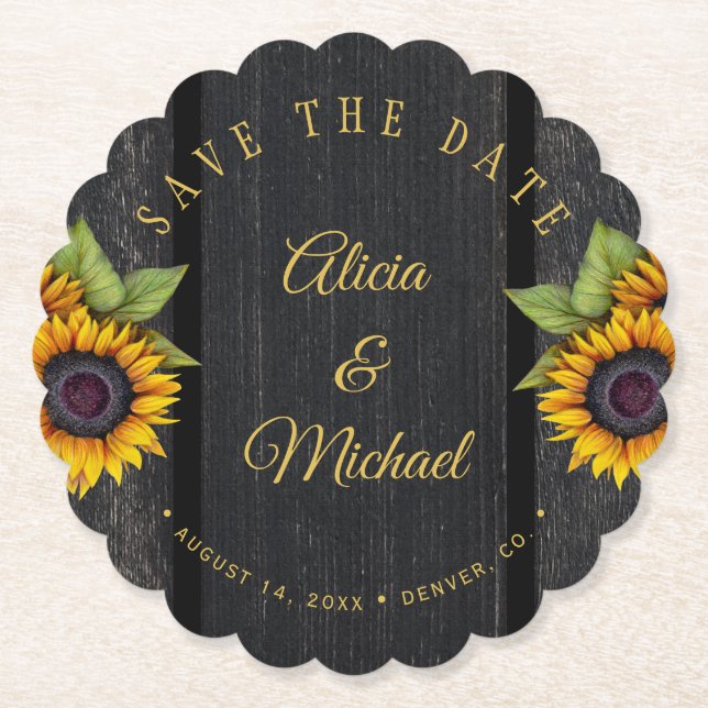 Rustic sunflowers chic barn wood wedding save date paper coaster (Front)