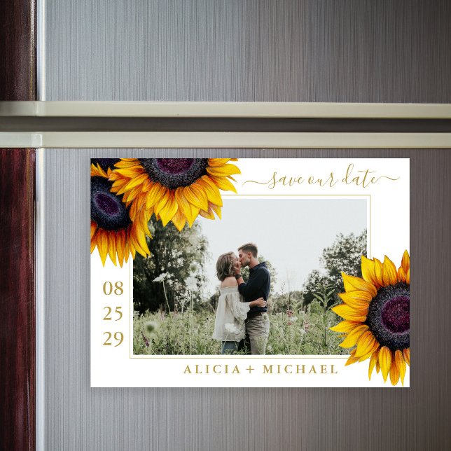 Rustic sunflowers chic script save date wedding magnetic invitation (Creator Uploaded)