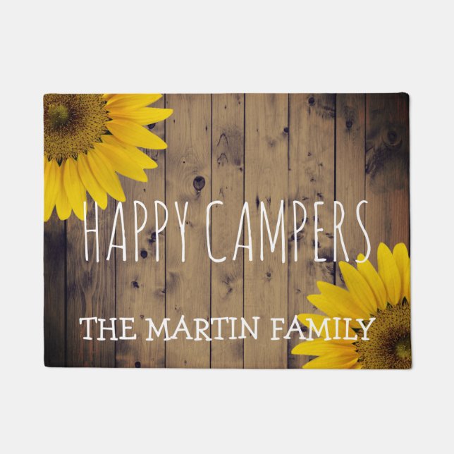 Rustic Sunflowers Country Wood Happy Campers Name Doormat (Front)