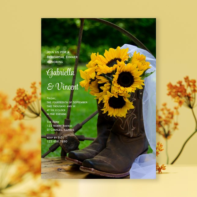 Rustic Sunflowers Cowboy Boots Rehearsal Dinner Invitation (Creator Uploaded)