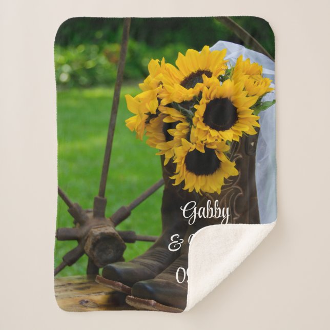 Rustic Sunflowers Cowboy Boots Wedding Keepsake Sherpa Blanket (Front)