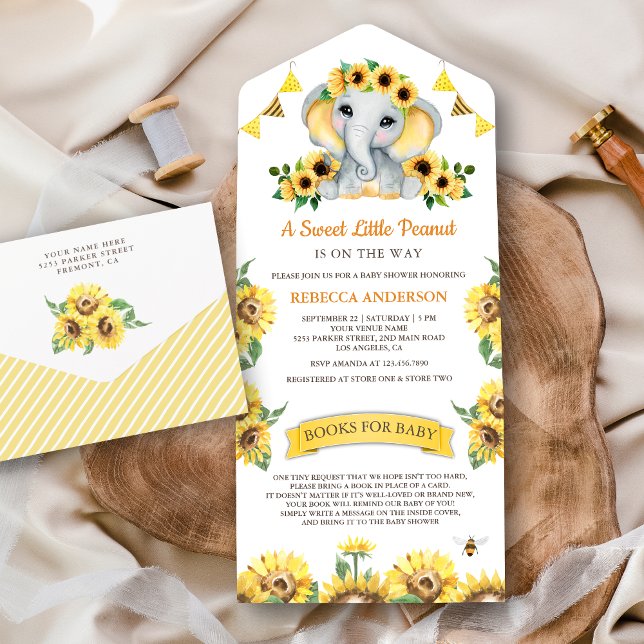 Rustic Sunflowers Cute Elephant Baby Shower All In One Invitation (Creator Uploaded)