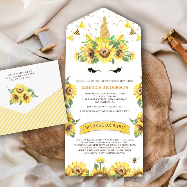 Rustic Sunflowers Cute Unicorn Baby Shower All In One Invitation (Creator Uploaded)