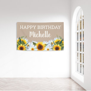 Rustic Sunflowers Daisies Happy Birthday Name Banner
