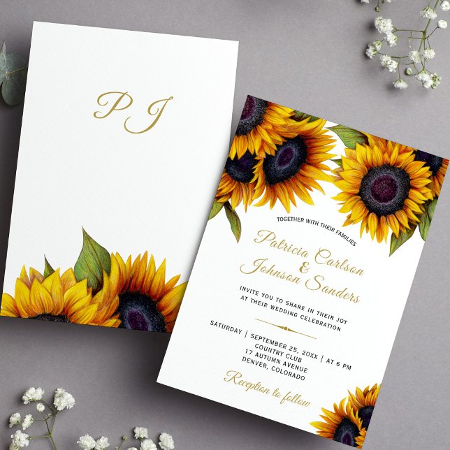 Rustic sunflowers elegant gold calligraphy wedding invitation (Creator Uploaded)