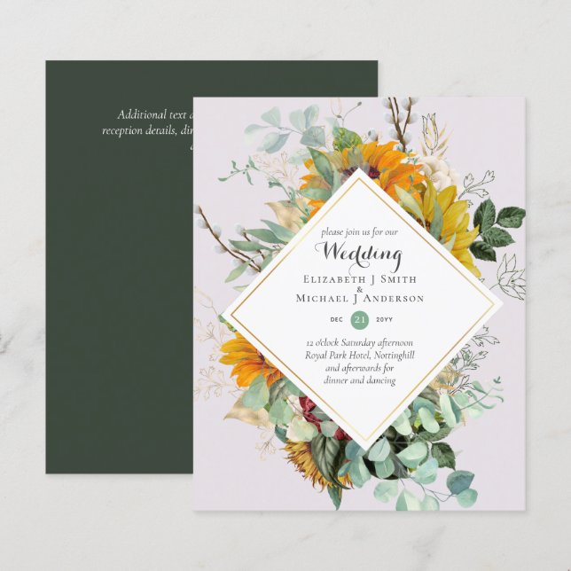 Rustic Sunflowers Eucalyptus Greenery Wedding Inv. (Front/Back)